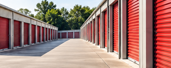 Illustrative rectangular crop of red storage doors and a paved lane; not an actual EZ Storage facility.
