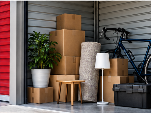 Illustrative rectangular crop of boxes, a lamp, and belongings inside a storage unit; not actual premises.